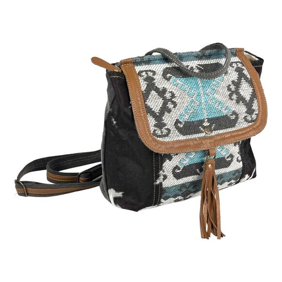 NEW Myra Tapestry & Leather Cowhide Hair BACKPACK HANDBAG 12x13" Purse Isabella - Picture 1 of 14